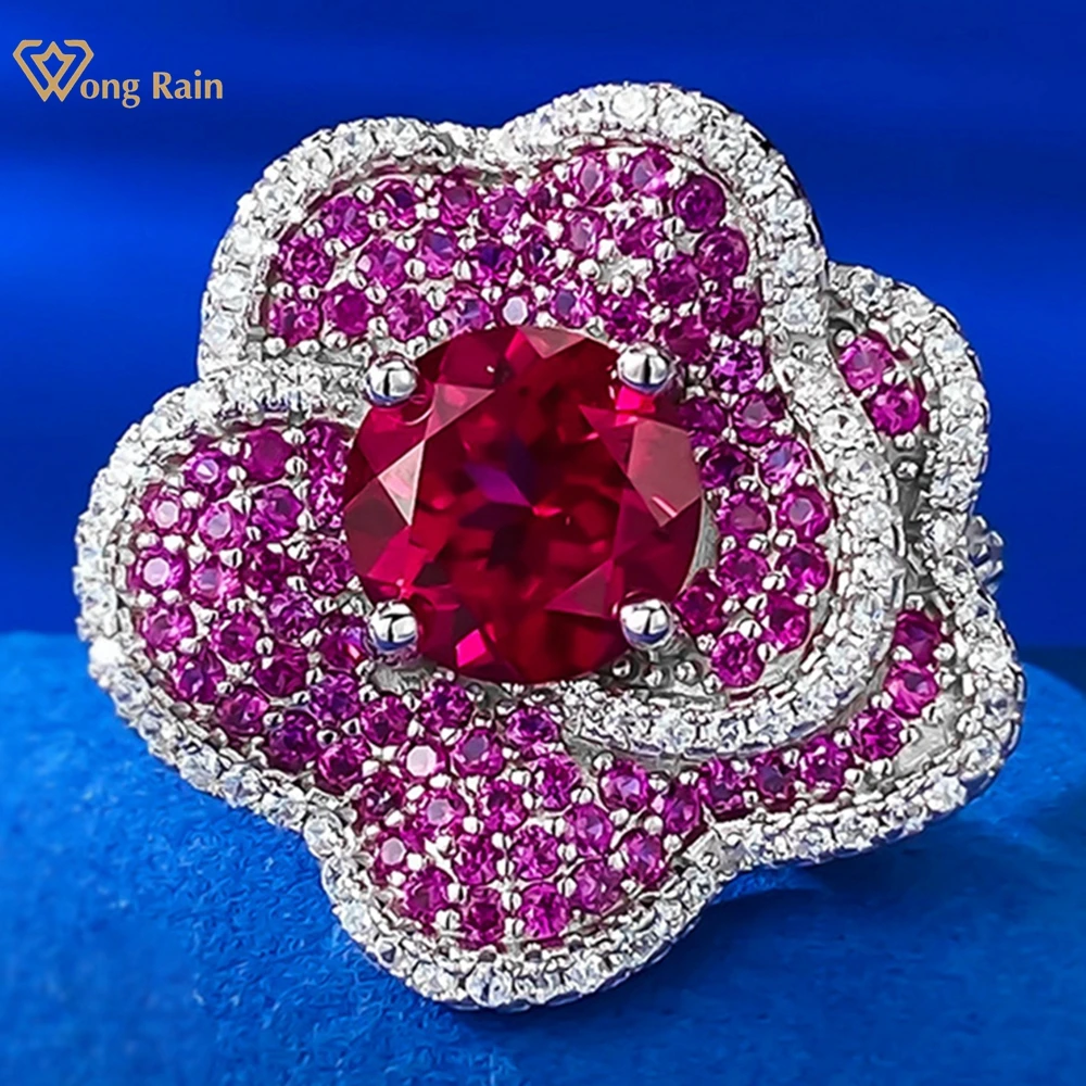 Wong Rain 100% 925 Sterling Silver Flower Ruby High Carbon Diamond Gemstone Wedding Fine Jewelry Sparkling Ring for Women Gifts