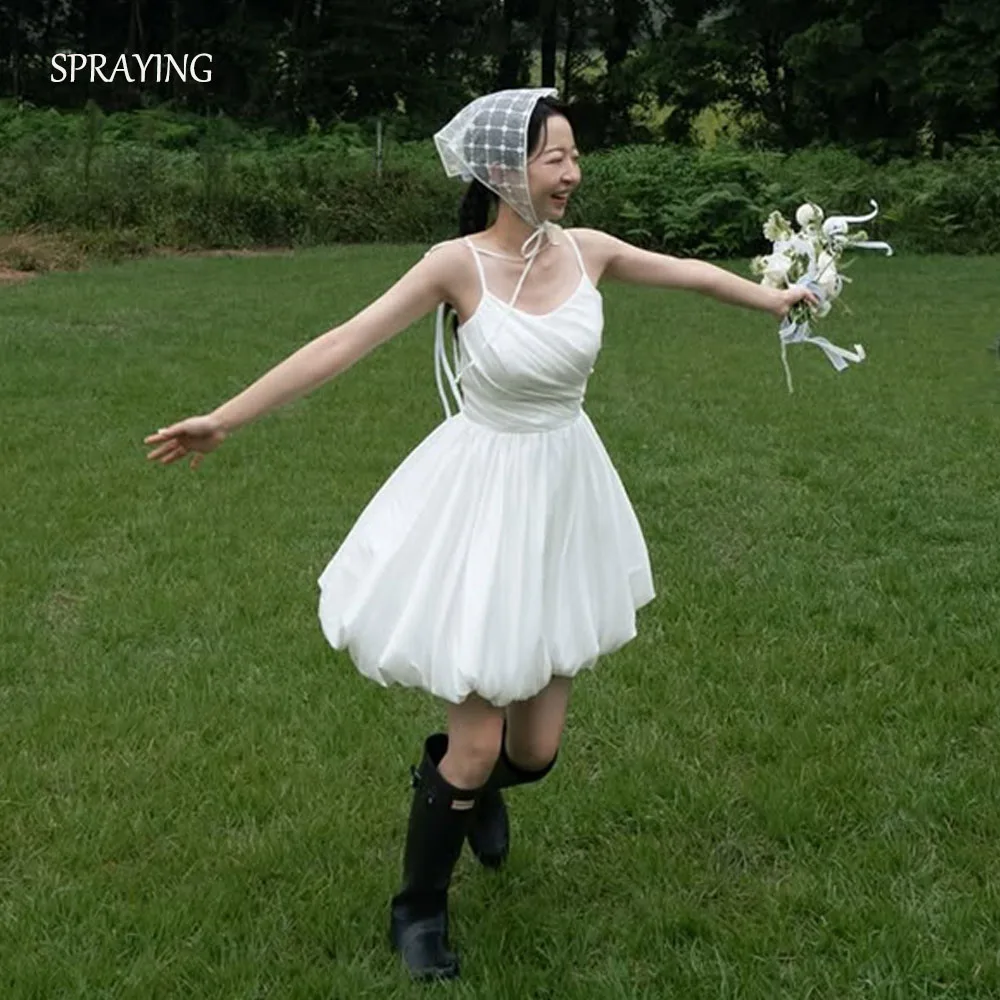 SPRAYING Mini Ivory Taffeta Wedding Dress Korea Photo Shoot O Neck Strap A line Short Bridal Gowns Corset Customized 웨딩드레스