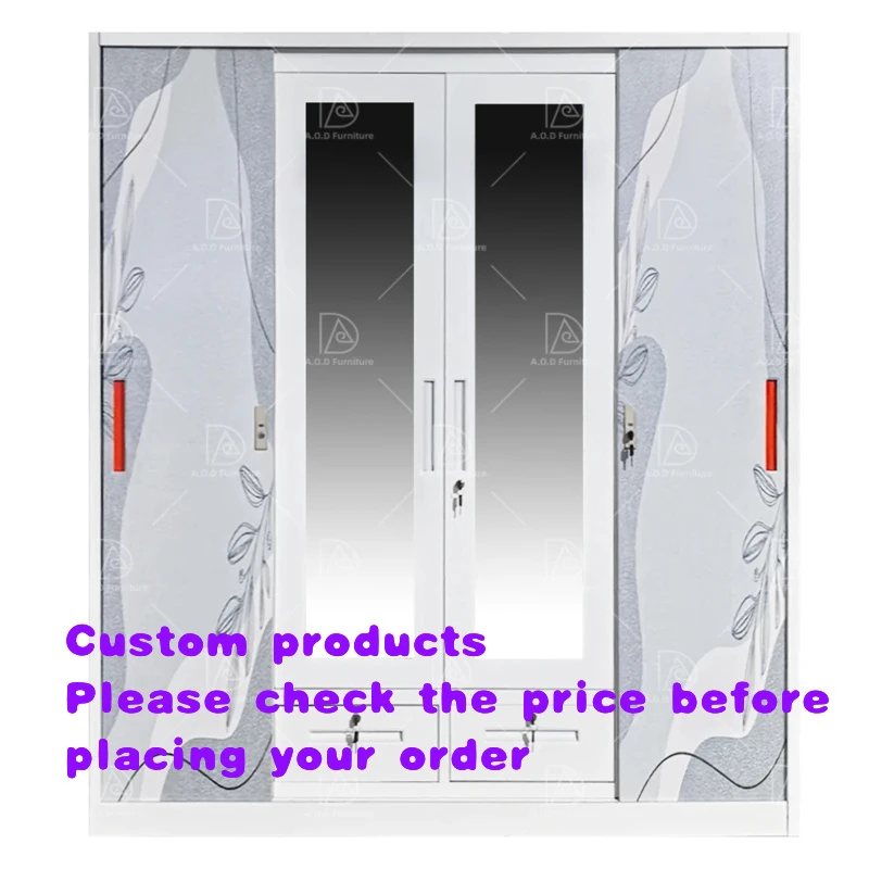 custom.Modern 4-Door Metal Bedroom Wardrobe New Structure Cupboard Steel Removable Hanger Printed Pattern Drawers Home Living Ro
