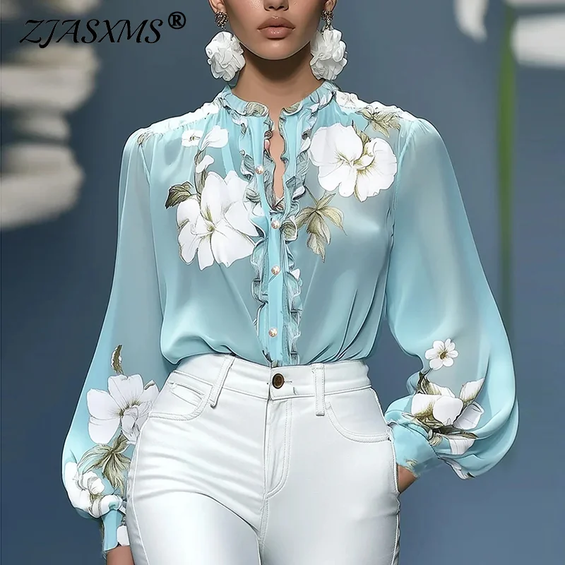 

Chinese Style Blouse Woman Casual Floral Print O Neck Button Office Top Shirt Autumn New Puff Long Sleeve Female Clothing Blusas