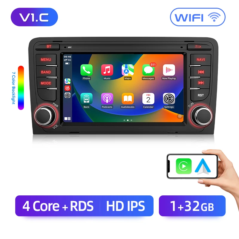 Junsun 7 ''Draadloze CarPlay Android Auto Radio Multimedia Voor Audi A3 8P S3 2003-2012 4G WiFi GPS Navigatie Autoradio