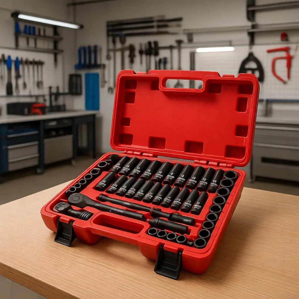

3 8 Drive 50pc Impact Socket Set SAE Metric 6 Point Ratchet Extensions Adapter