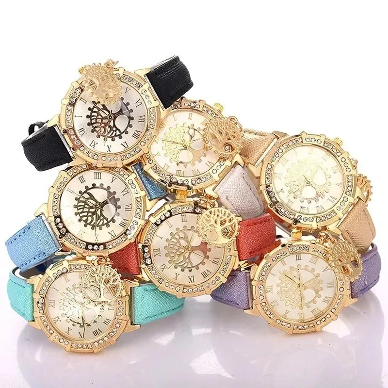 ساعة نسائية شجرة الحياة ساعات للنساء سوار الموضة عادية حلقة من جلد السيدات كوارتز سوار ساعة Montre فام Reloj