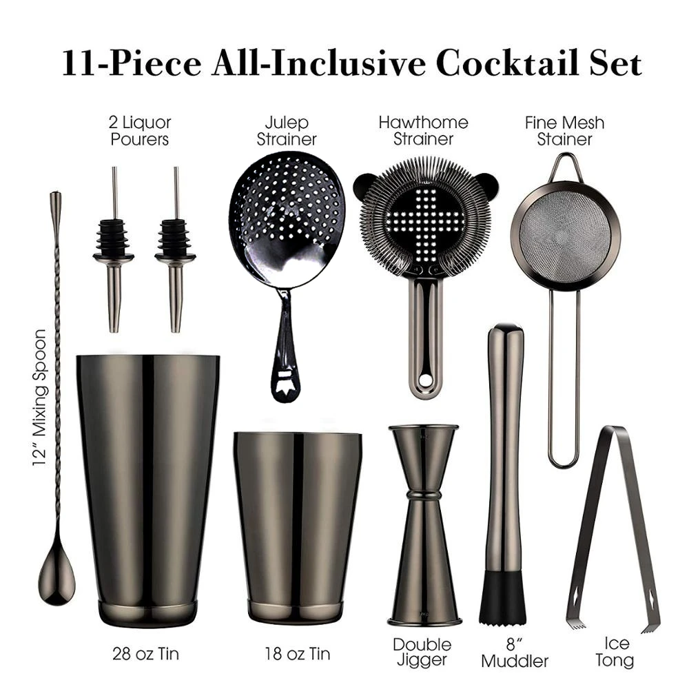 Bar Set Cocktail Shaker: 2 Weighted Boston Shakers, Cocktail Strainer Set,Jigger,Muddler and Spoon, Ice Tong and 2 Bottle Pourer