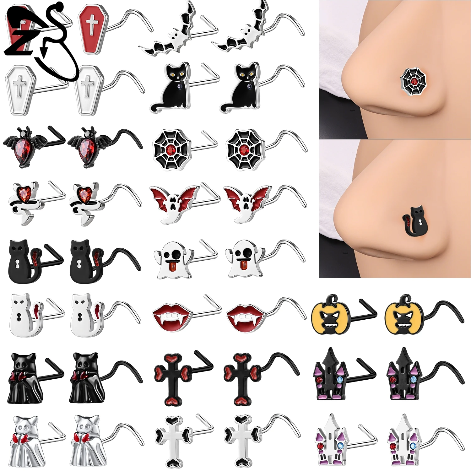 ZS 1 pieza Halloween lindo fantasma anillos de nariz de acero inoxidable mujeres hombres tachuelas de nariz L/S murciélago calabaza gato narina Piercings regalos 20G