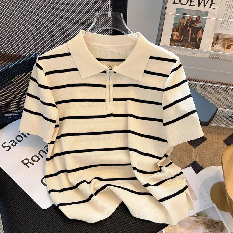 

Women's Turn-down Collar Summer Striped Short Sleeve Zipper Contrast Color T-shirt Clothing Comfortable Office Lady Sweet Tops