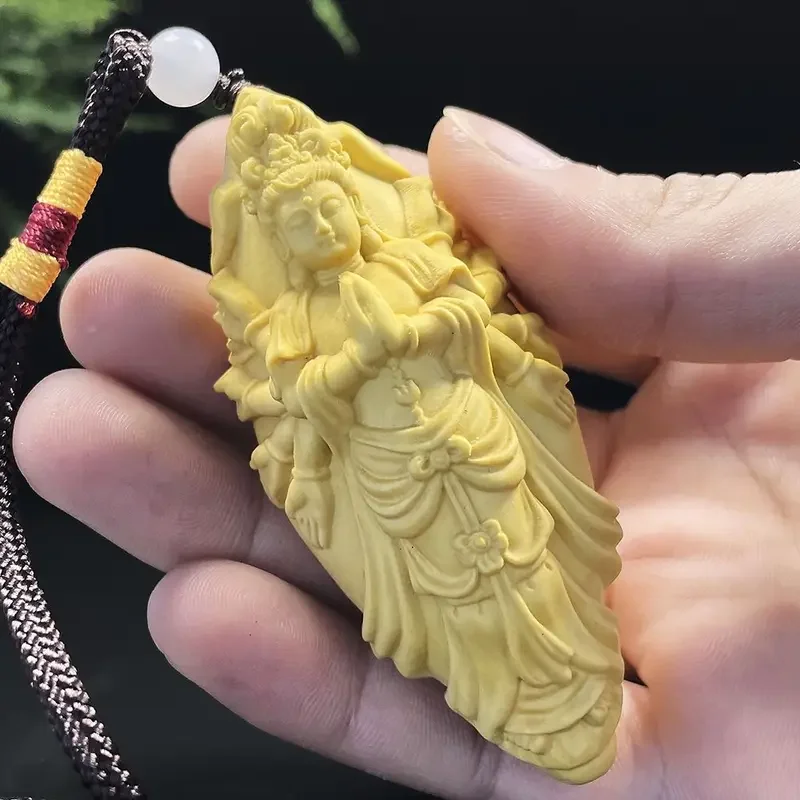 Colgante de Boxwood mil manos Guanyin, placa portátil de madera maciza Natural pura para hombres, mano de juego artística y literaria