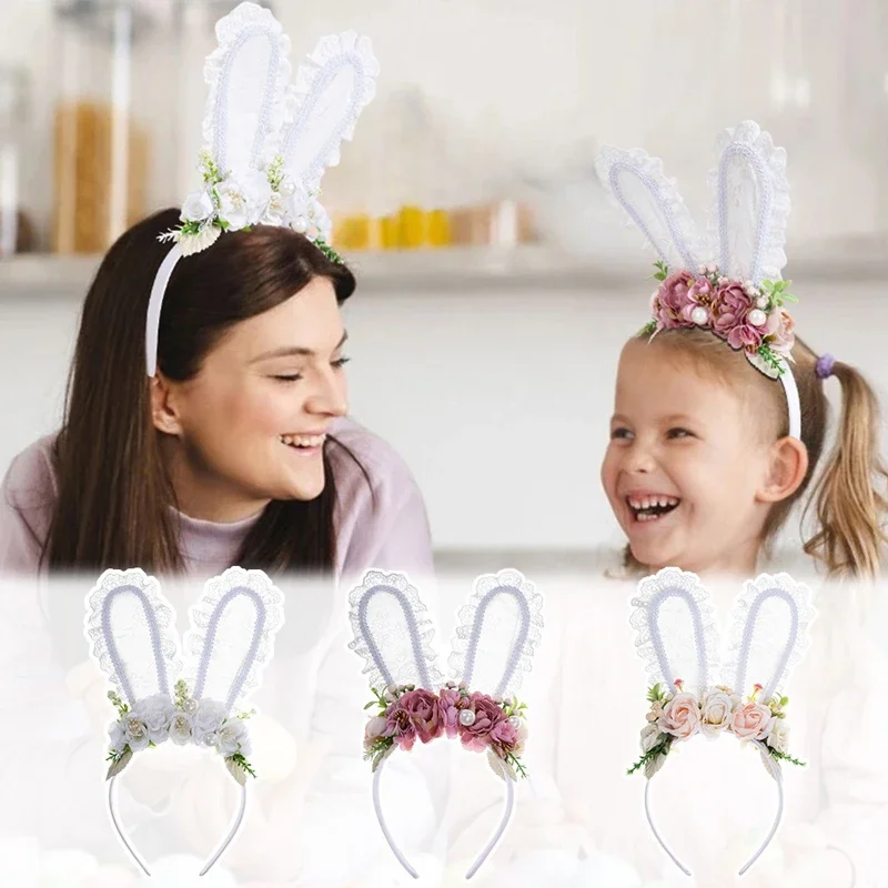 Rabbit Ear Hair Bands Princess Girls Dance Party Artificial Flower Hairhoop Pearl Soft Lace Boutique Diy Headbands Easter Day