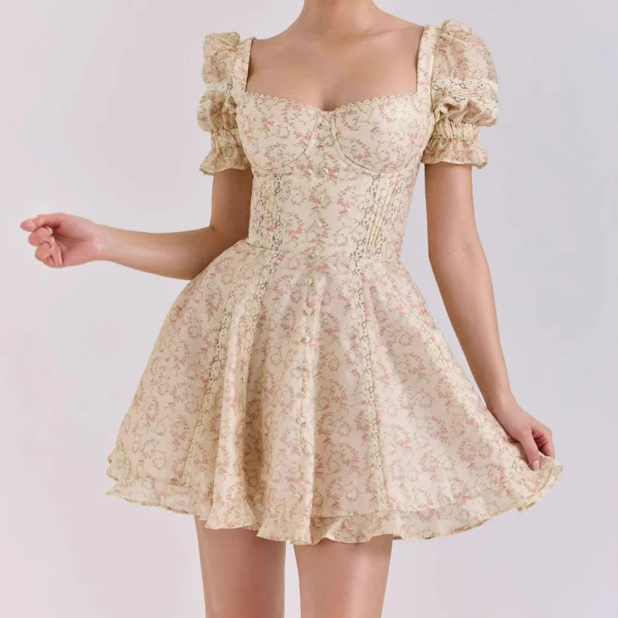 

Summer Puff Sleeve Dress Women 2025 New Arrivals Fit and Flare Vintage Dress for Party Club