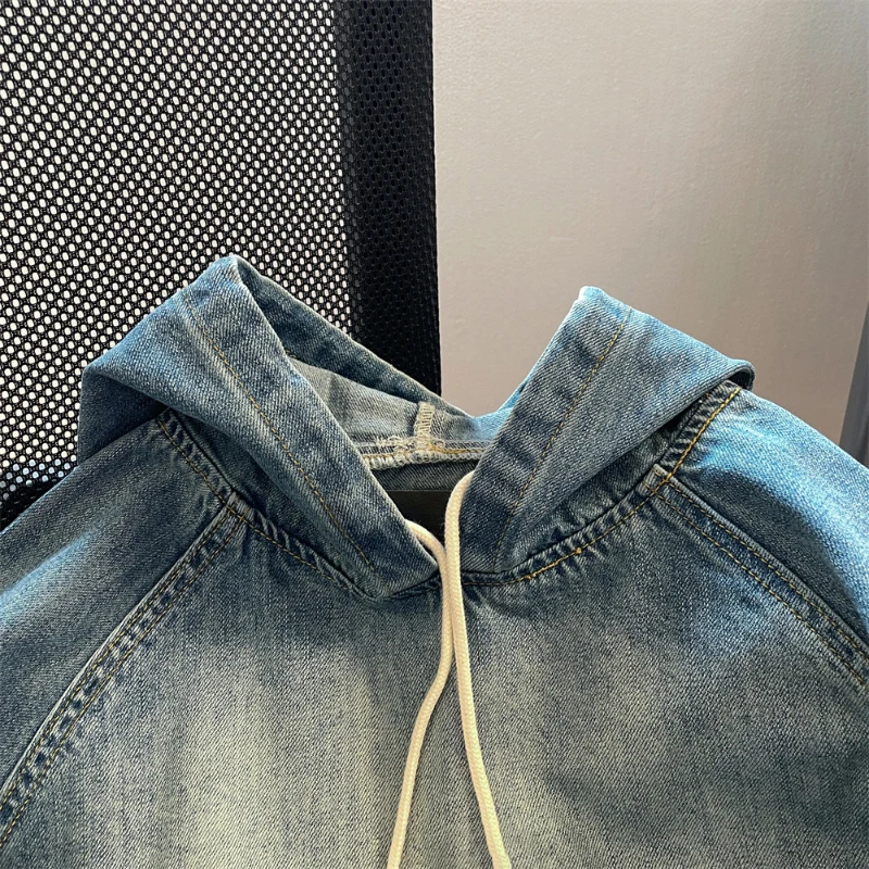 Men & Women Couples Denim Hooded Pullovers Drawstring Solid Color Loose Sweatshirts Vintage Big Pocket Raglan Sleeve Hoodies