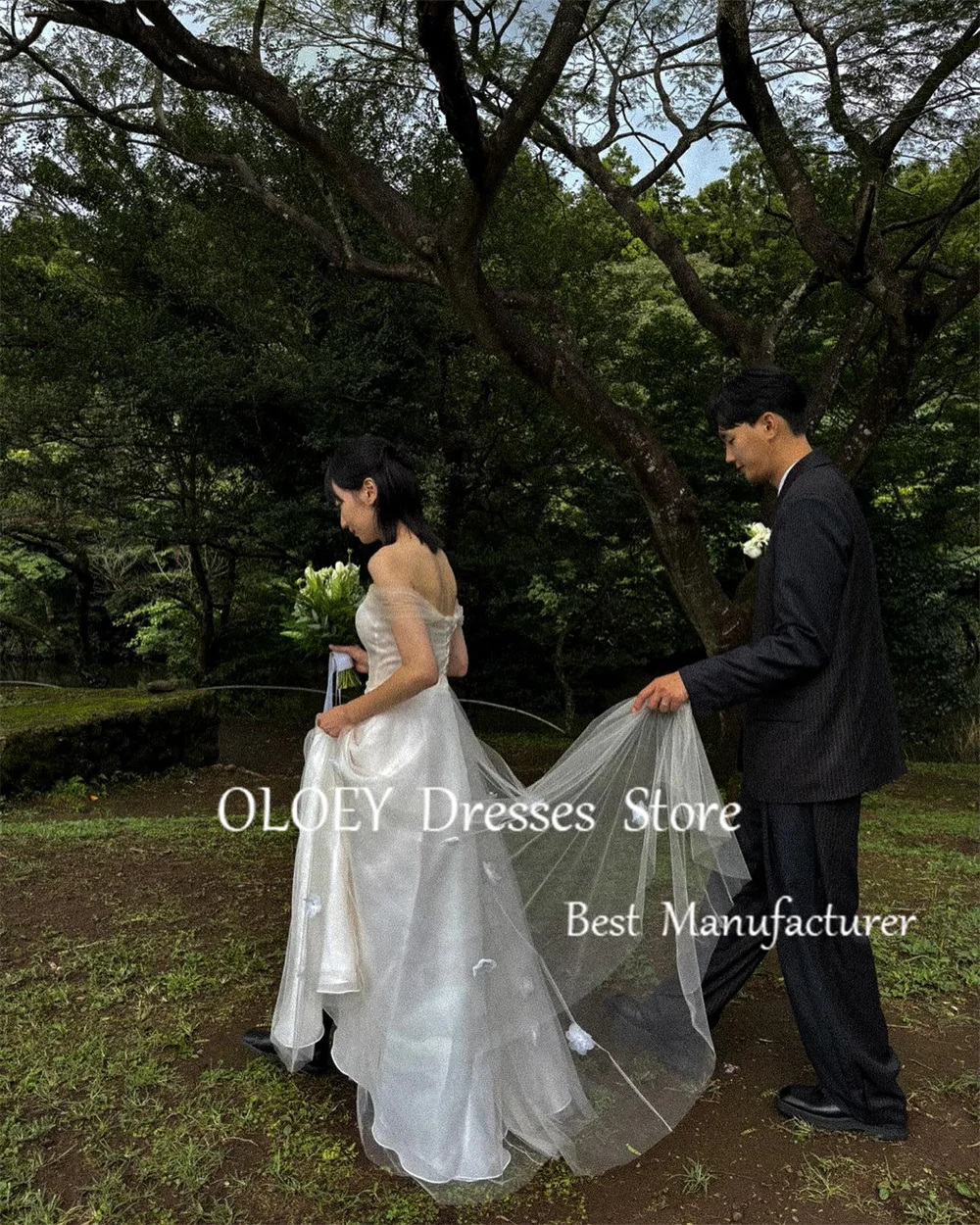 OLOEY 2025 New Ivory Wedding Dress Korea Photoshoot Off Shoulder Tulle Bridal Gown 3d Flowers Custom Made Plus Size Floor Length