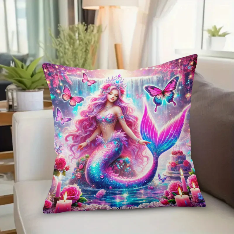 1pcs 2D Flat Mermaid Birthday Cake Glitter Pillowcase Fantasy Ocean Princess Art Kids Room Decor Soft Plush Cushion Cover Double view 3