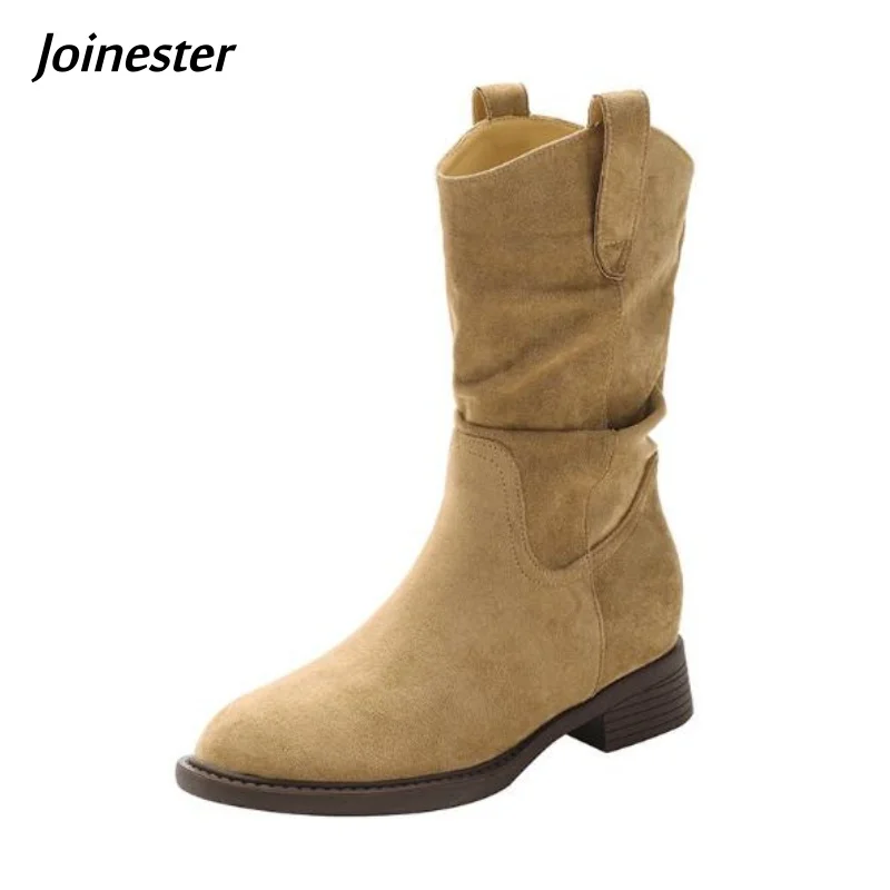 

Pure Color Slip on Mid-calf Boots for Women Flock Round Toe Fashion Booties Internal Height Increased Retro Leisure Footwear