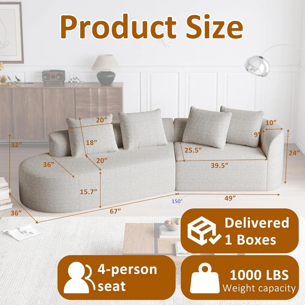 Современный 4-местный изогнутый диван из синели в стиле облаков с 4 подушками, глубокими и широкими сиденьями, готовый к использованию сжатый блок, секционный C