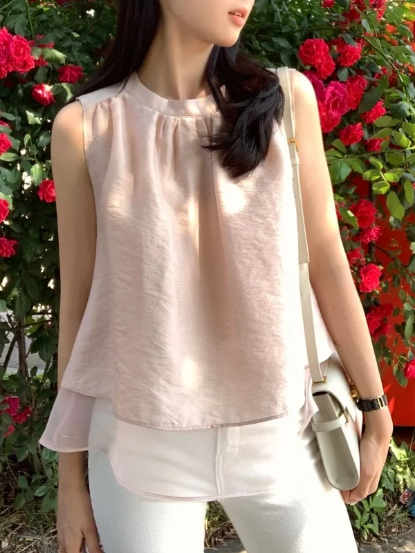 

Chic Svel irt Women's Faionable Small Capital Gentle Ele Slimming Vest irt round Ne Casual Summer Top
