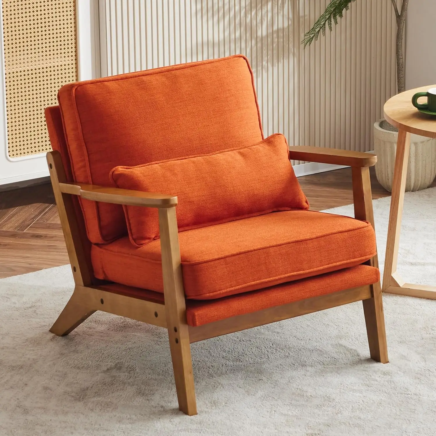 Silla de salón de mediados de siglo con reposabrazos de EE. UU., sillón de tela de lino con almohada lumbar y estructura de madera maciza para sala de estar, color naranja quemado