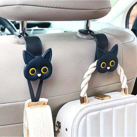 2'li Karikatür Kedi Araba Koltuğu Kafalık Kancası Seti, Giysi, Çanta ve Aksesuarları Asmak için Evrensel Araç Elbise Askıları