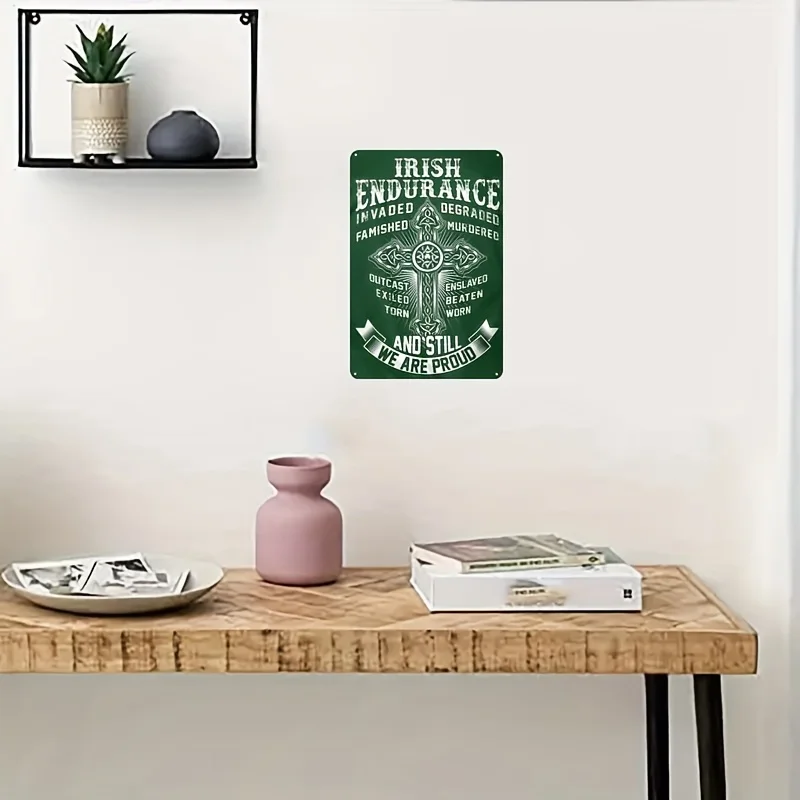 2D Flat Irish-Themed Retro Metal Wall Decor with Inspirational Quote & Celtic Cross Design Endurance Quote, Art for Home, Bar