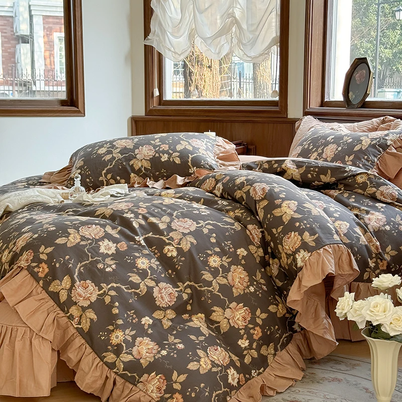 

4/6Pcs Vintage French Country Style Flowers Prints Ruffles 100% Cotton Bedding Set Duvet Cover Quilted Bedspread Pillowcases