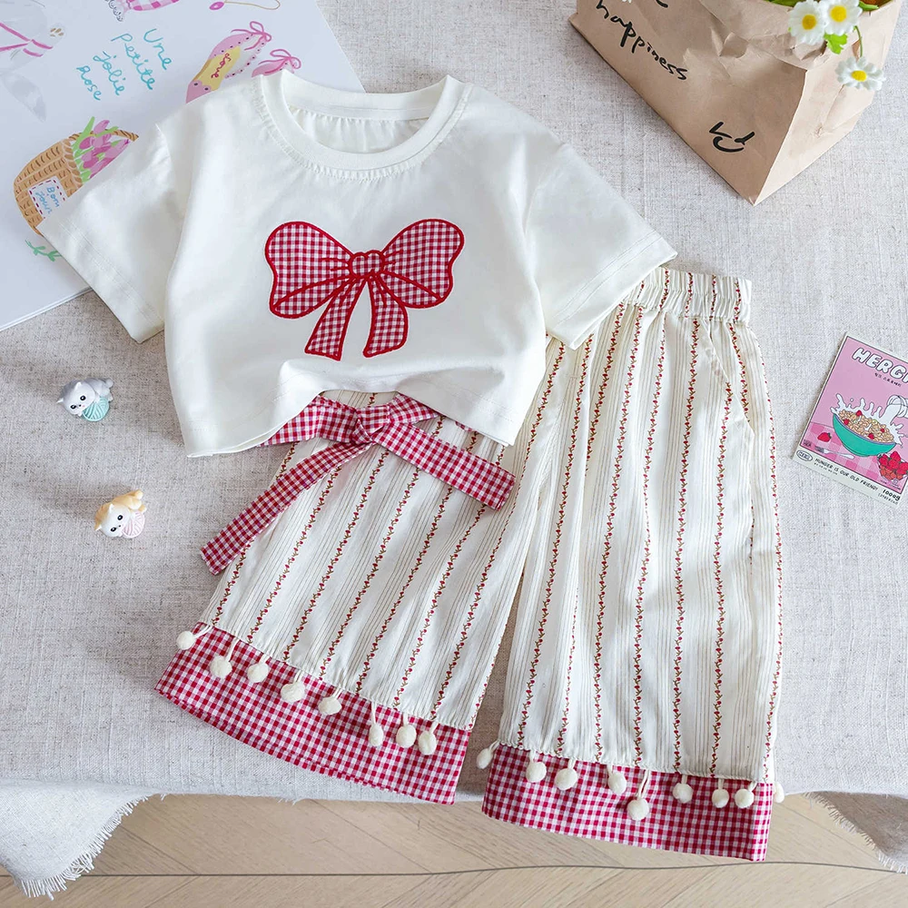 

2 шт., красная клетчатая футболка с бантом для девочек + свободные штаны, летние детские хлопковые футболки с короткими рукавами, брюки с цветочным принтом, комплекты детской одежды