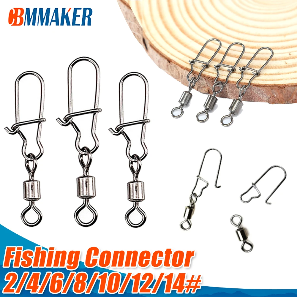 Cbmmaker 50pcs Fishing Accessories 2-14# Eight-ring Connector Stainless Steel Snap Fishhook Swivels Tackle for Hooks Fishing