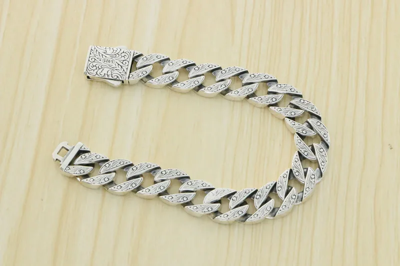 S925 sterling silver jewelry retro rattan grass pattern personality wide face bracelet fashion man personality hip-hop art stude