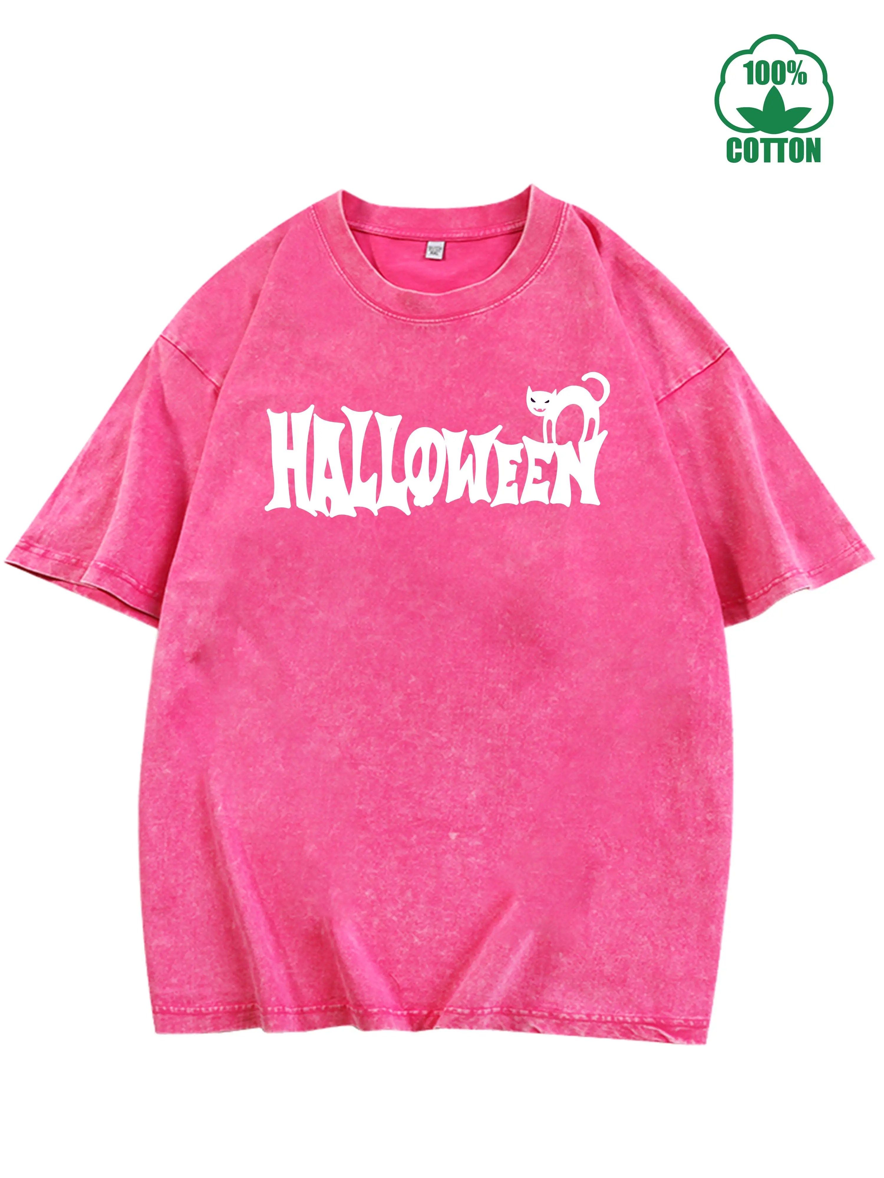 

Винтажная потертая футболка из 100% хлопка с графическим принтом котенка на Хэллоуин, 230 г, несколько цветов, удобная уличная одежда большого размера для топа