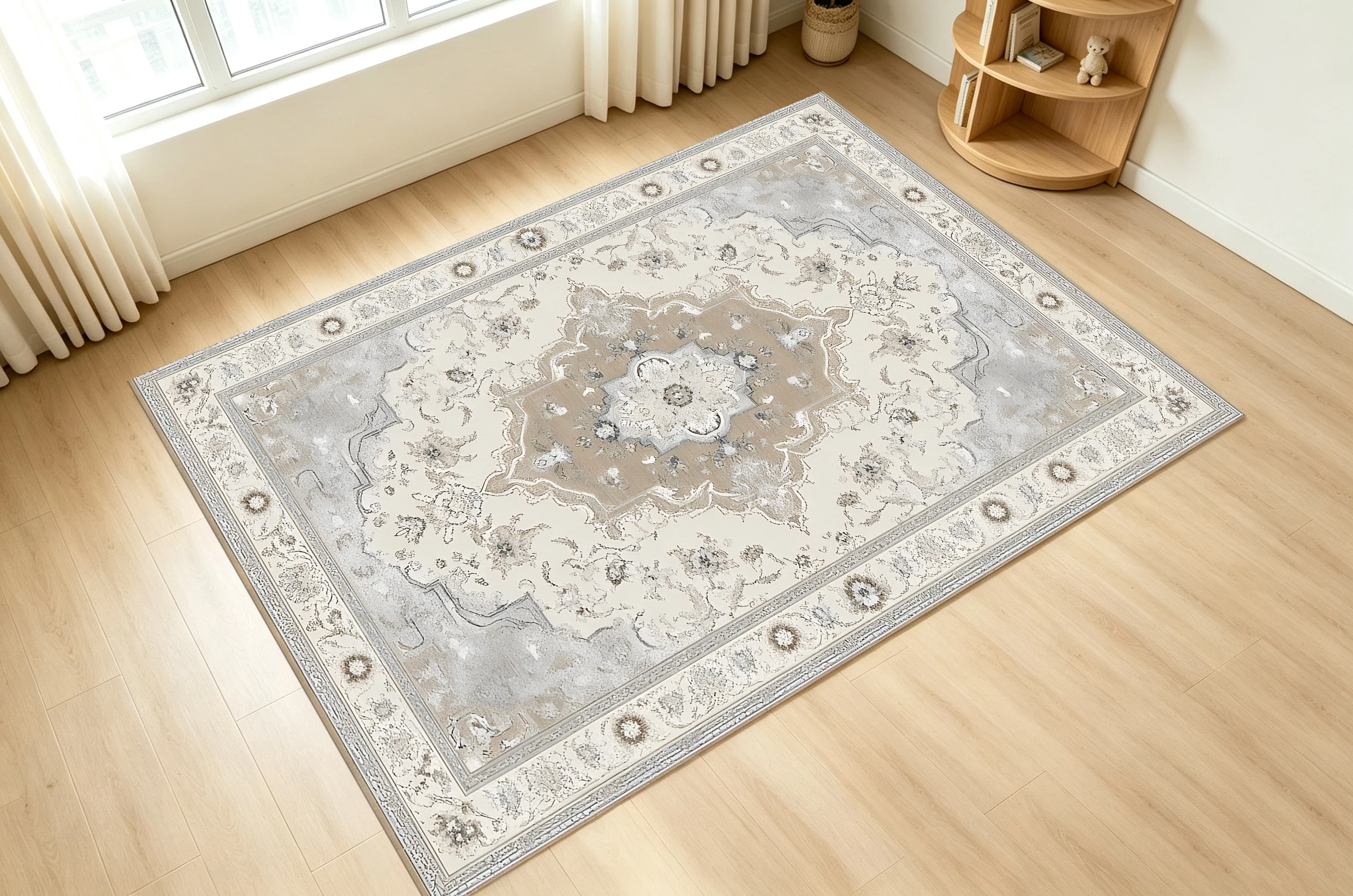 2D Large Rug in Light Gray & Khaki, European Retro Style, Soft & Comfortable, for Living Room & Bedroom, Classic