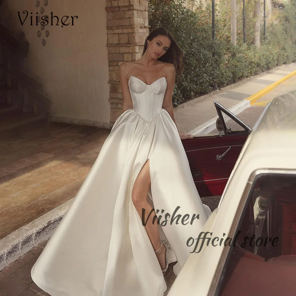 

Viisher Vintage Ivory A Line Wedding Dresses Mono Satin Sexy High Split Bridal Gowns Bohemian Wedding Bride Dress Lace Up Back