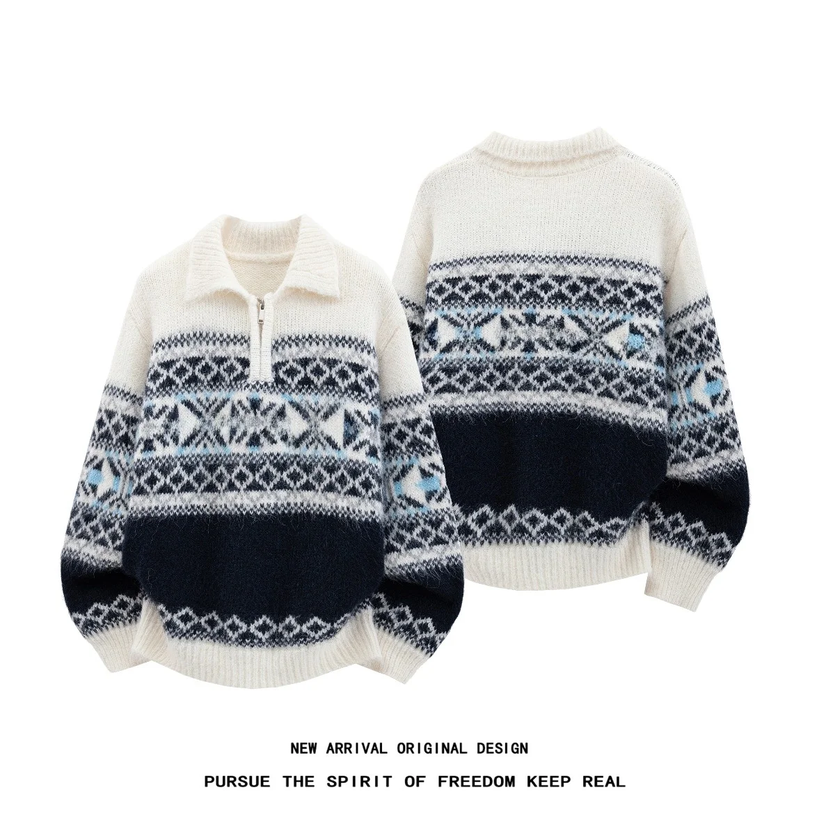 Men's Loose Fit Knitted Sweater with Half Zipper Collar Vintage Style Casual Outerwear Suitable for Autumn Winter Seasons