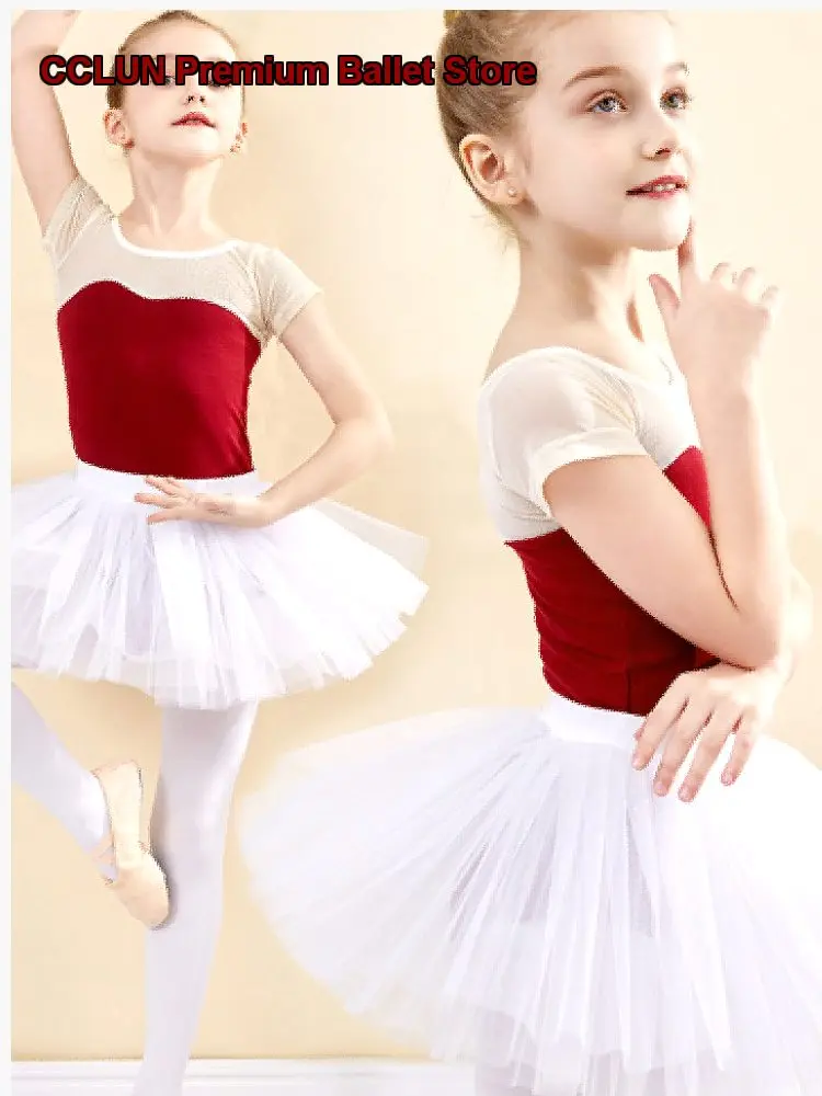 children's-girls-dance-dress-summer-short-sleeves-chinese-dance-practice-leotard-body-suit-thin-style-tutu-kids