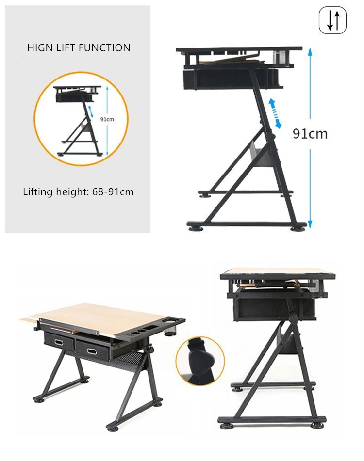 Height Adjustable Multi-Tilt Drawing Work Desk, Premium Drafting Table with Large Storage Drawer for Art Creation Engineer Draft image 4