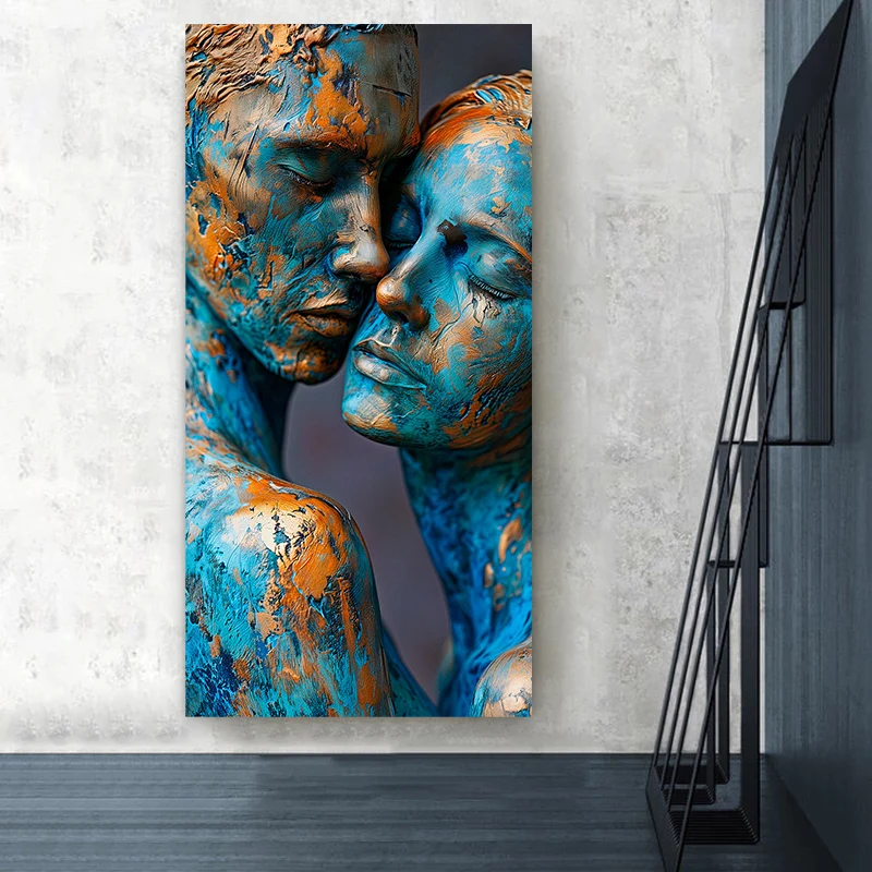 Romantic Girls Kissing Love Couples Canvas Painting Wall Art  Blue Body Golden Touches Lesbian Poster Print Home Decor Cuadros