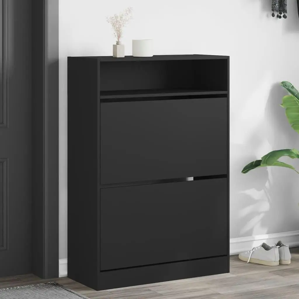 Stylish Black Shoe Cabinet with 2 Flip Drawers - 80x34x116 cm Storage Solution