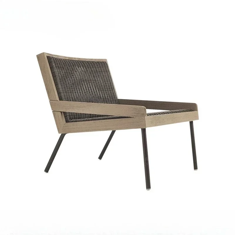 Poltrona per divano da esterno, sedia nordica in rattan di legno anticorrosivo, combinazione tavolino da caffè, cortile esterno all'aperto