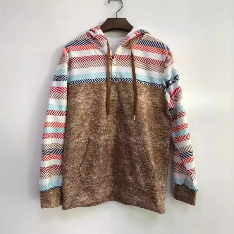 Spring and Autumn New Women's Casual Colored Stripe Fashion Hoodie Thin Pull-up Pocket Long Sleeve Top