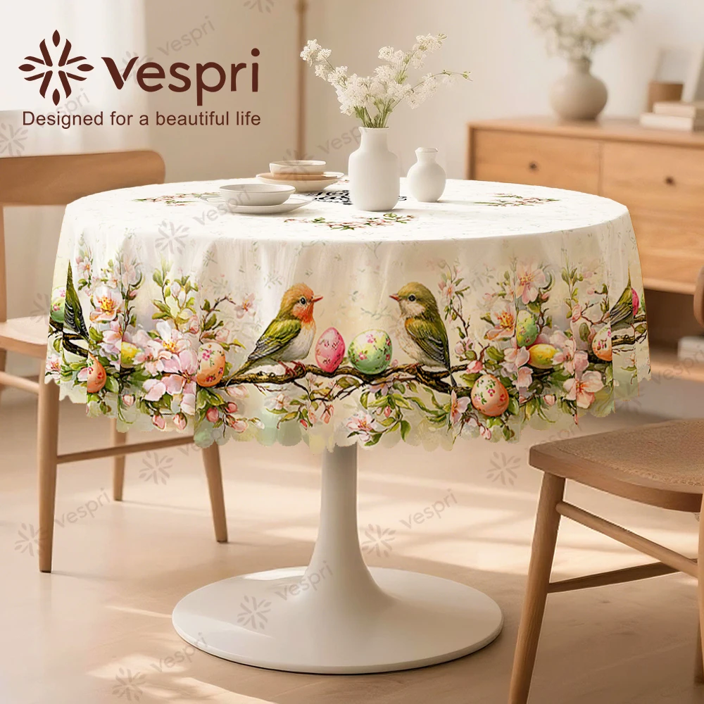 Vespri Easter Tablecloth with White Green Bird Egg Flower Print, Round Rectangle Oval Shape for Parties , Polyester Linen