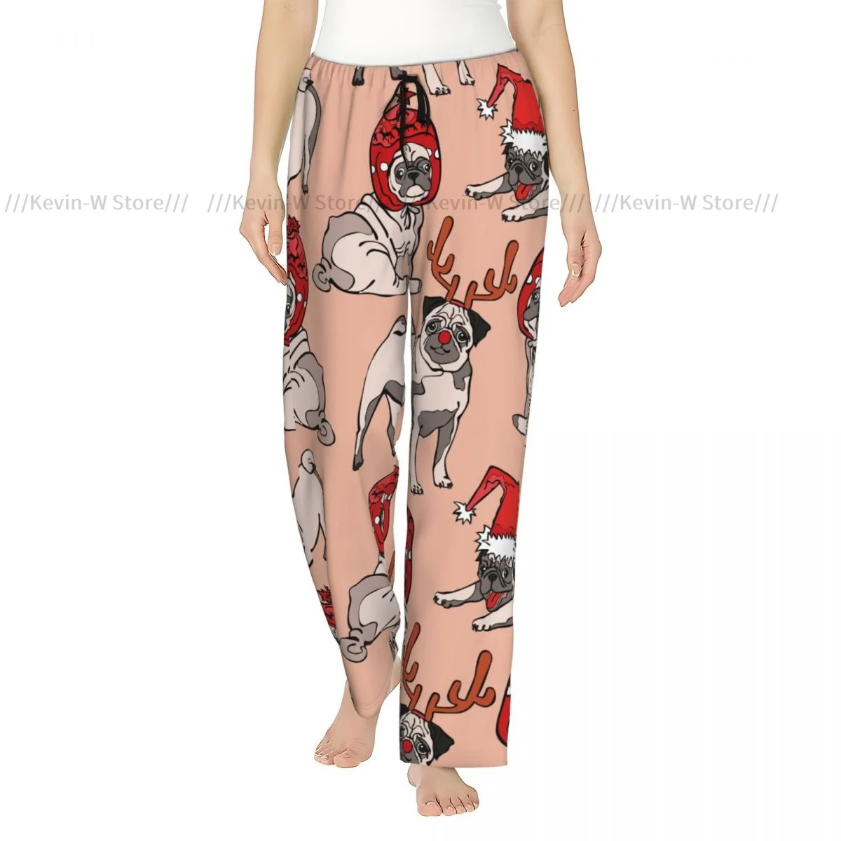 سروال نوم دافئ من الفلانيل للنساء كلب الصلصال مع قبعات عيد الميلاد قيعان بيجامة بخصر مطاطي