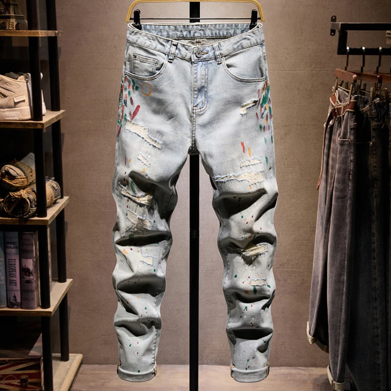 Street Designer Fashion Men Jeans Retro Light Blue Stretch Slim Fit Painted Ripped Jeans Men Vintage Casual Denim Pants Hombre