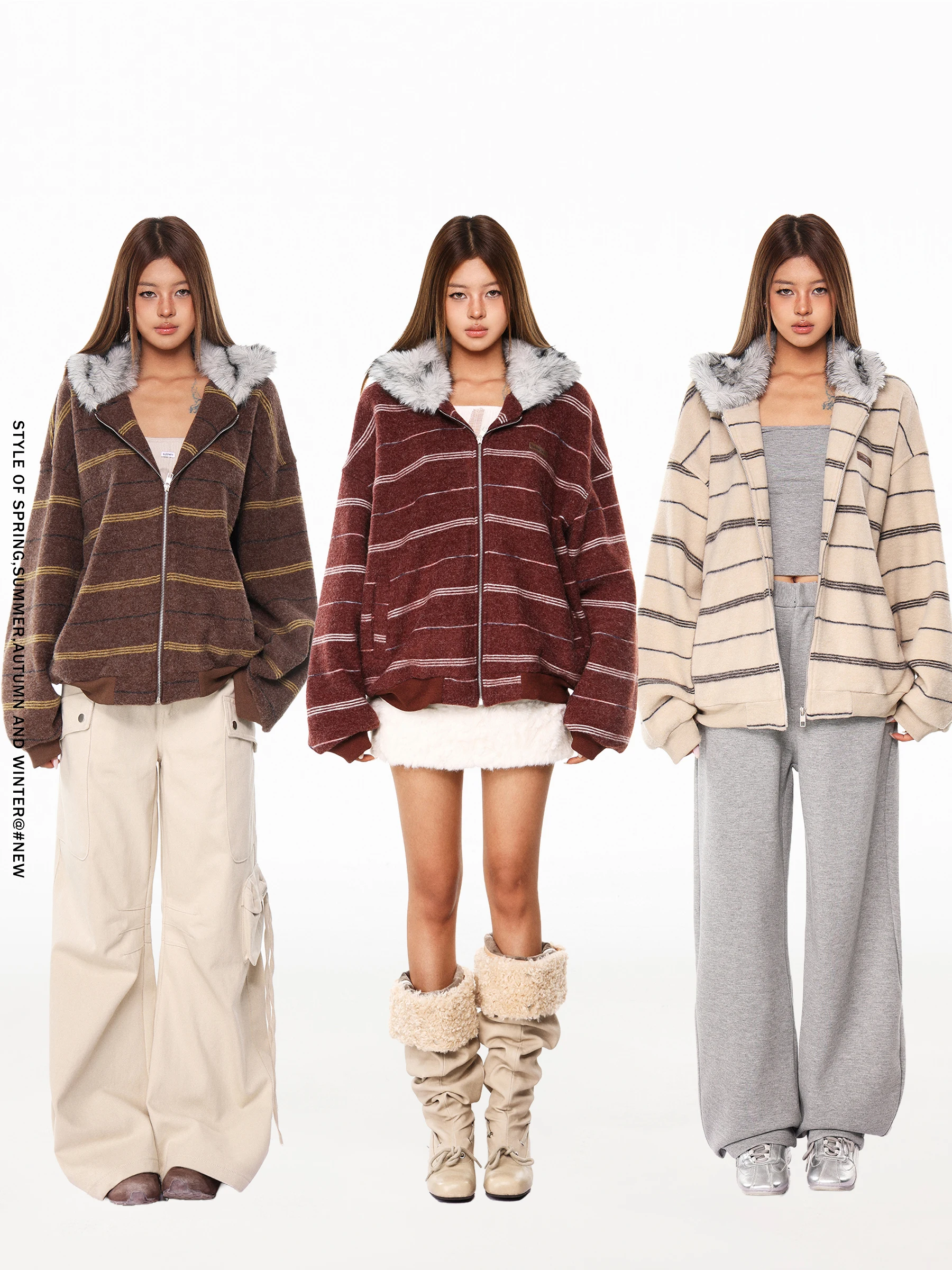 

Lazy Striped Zipper Coat Women Winter Ear Hooded Open Cardigan Loose Woolen Top Casual Sle Loose Fit ort Coat