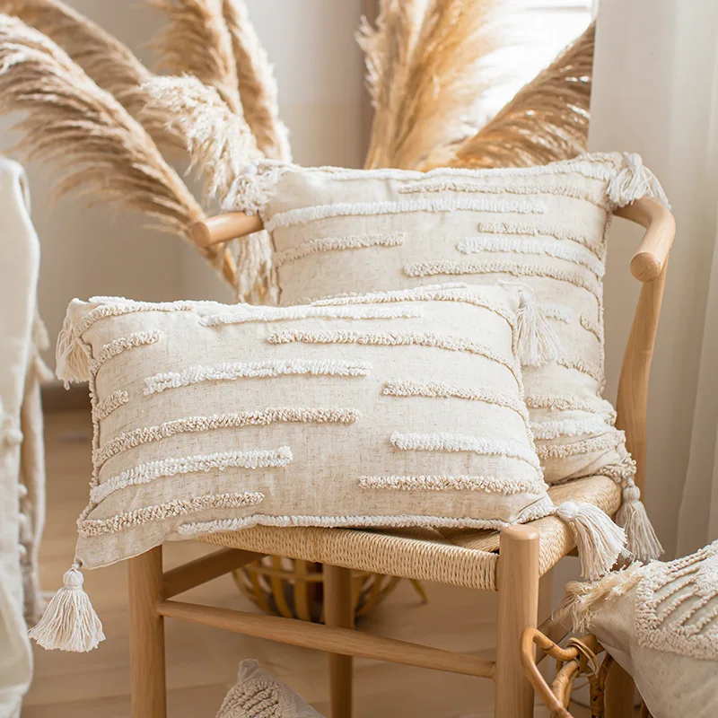 Boho Loop Tufted Pillowcase Cotton Linen Wabi-sabi Tassel Cushion Cover Candy Shaped Lumbar Pillow Cover Home Sofa Decorative