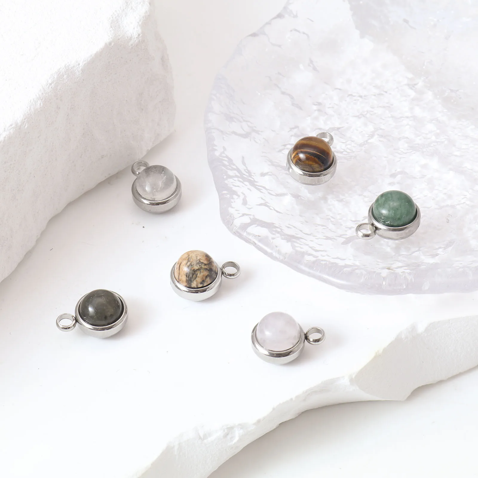 1 PC Natural Stone 304 Stainless Steel Charms Silver Color Multicolor Round Charms Pendants for DIY Earrings Necklace 14mmx10mm