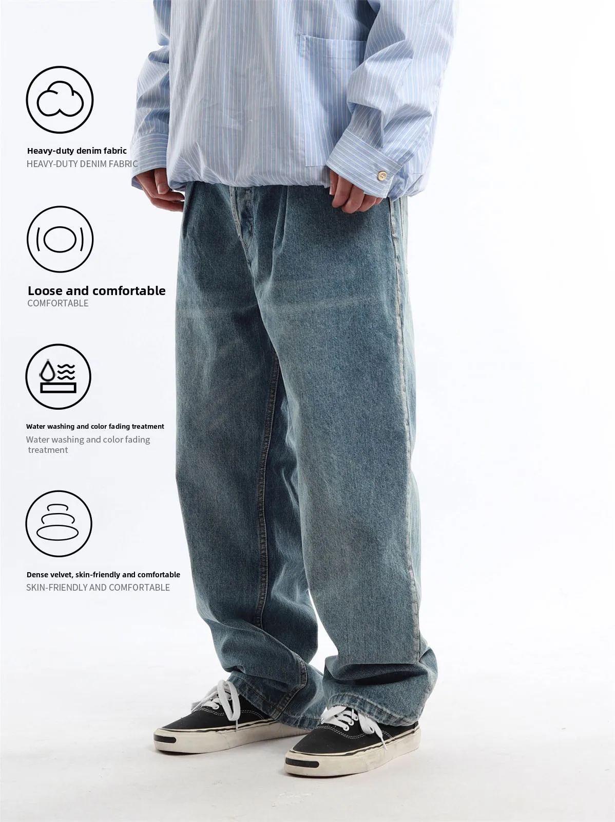 Retro Japanese Style Cleanfit Workwear Jeans Casual Straight Leg Blue Denim Pants Men's Comfortable Soft Cotton Polyester