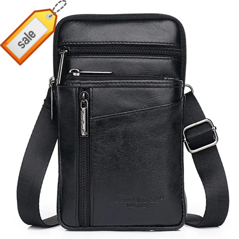 

Genuine Leather Men Mini Cross body Shoulder Fanny Bags Casual Hook Cell Mobile Phone Case Messenger Belt Bag Purse Waist Pack