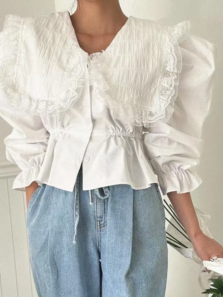 

Korean Sle Ruffle Collar Long Sve irt Women's Spring New Agel Waist Cinched Doll irt Top Commute Pure E-commerce