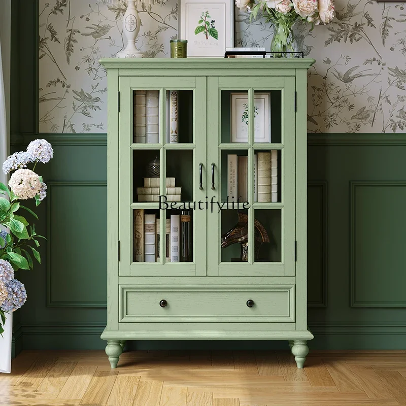 

FG40*American rural green solid wood wine cabinet, storage and storage cabinet integrated against the wall