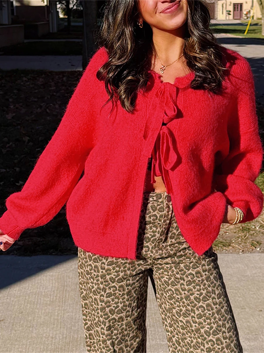 Women's Autumn Fashion Sweater Cardigan Red Long Sleeve O-Neck Bow Tie-up Front Knitwear