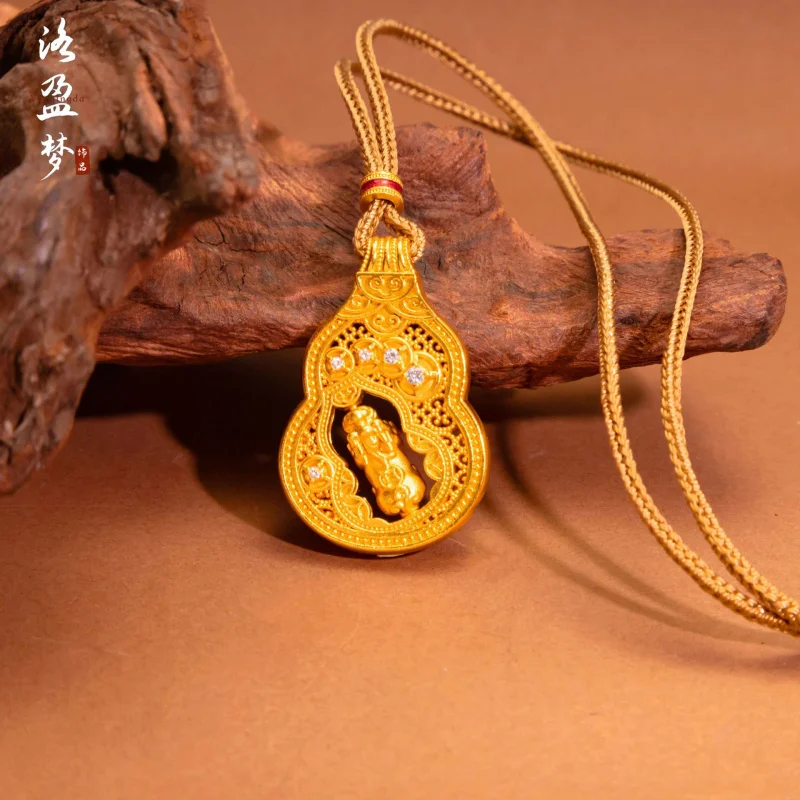 Gold-Plated Copper  Fortune Rotating Pixiu Inlaid Diamond Gourd Pendant Women's Fashion Braided Sweater Chain Pendant Wholesale