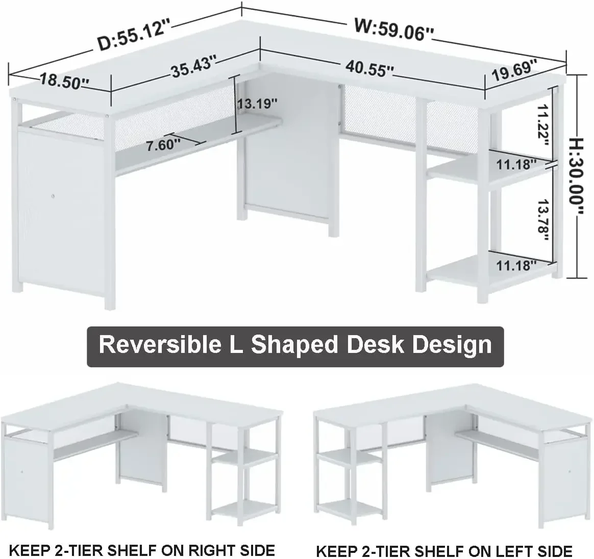 FATORRI-Bureau d'ordinateur en forme de L avec étagères, bureau d'angle moderne réversible pour le bureau à domicile, bois rustique et métal