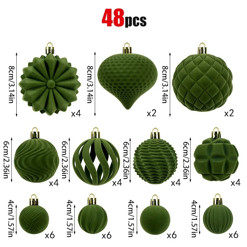 48Pcs 4/6/8cm Christmas Balls Flocking Special-shaped Xmas Decorative Hanging Ornaments Christmas Spheres Pendant 2025 New